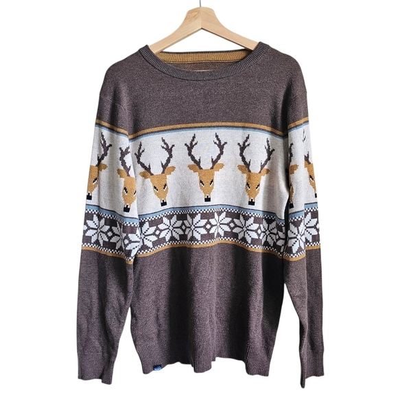 KAVU Highline Sweater - Oh Deer - MEN'S Medium Brown Reindeer Sweater - Picture 1 of 5